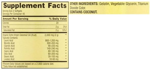 Miniatura 2 de Suplemento dietético de bienestar general de aceite de coco virgen extra, 1000 mg, 90 unidades