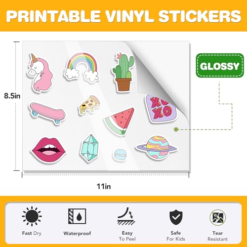 100 Pcs Inkjet Sticker Paper, Printable Vinyl Sticker Paper Quickly Dries Vibrant Colors, 21.5cm X 29cm Tear Resistant Printable Vinyl, Glossy White, Inkjet Printer