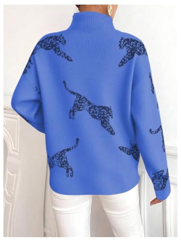 Image of WDIRARA Women's Leopard Tiger Print Sweater High Neck Long Sleeve Fuzzy Knitted Pullover Top