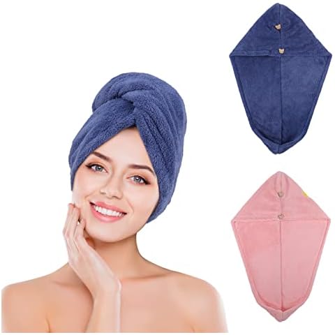 SOSPIRO 2 Stück Haarturban Handtuch,Doppelschicht Haarturban Schnelltrocknend Turban Haartrockentuch Haarturban mit Knopf Schnelltrocknend Mikrofaser Handtuch Haarhandtücher(blau+rosa) Cover