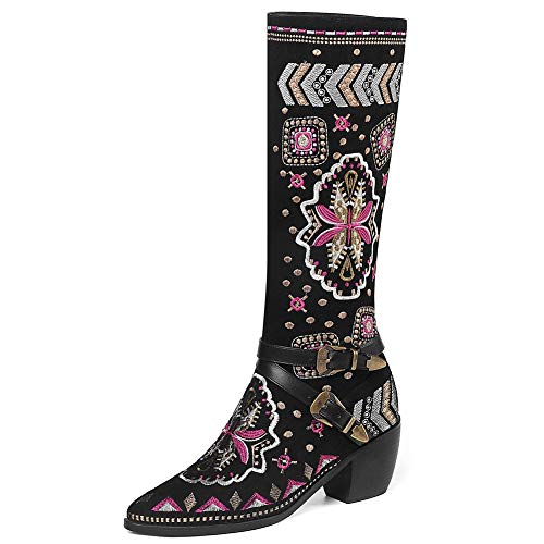 SaraIris Western Boots Flower Embroidery Shoes for Women - Cool Chinese Ethnic Cowboy Cowgirl Style Pointed Toe Shoes Woman Pull On Buckle Design Knee Boots