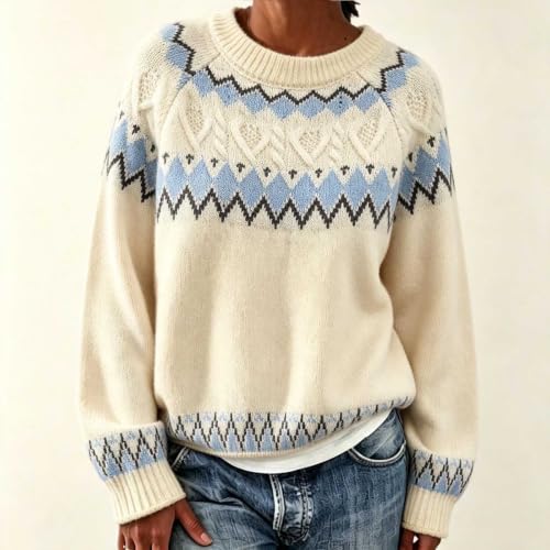 Womens Fair Isle Sweater Casual Vintage Crew Neck Long Sleeve Knit Pullover - image 2