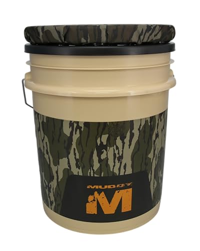 Muddy Spin-Top Bucket Seat – Mossy Oak Bottomland MOBL Camo 5-Gallon Hunting Bucket with 360° Swivel Seat, Snap-Off Lid, Padded Comfort Top & Field Storage System