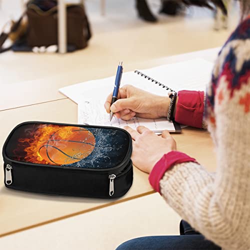 Image of Fire Basketball Leather Pencil Case Pen Holder Sports-Themed Black Large Stationery Organizer Pencil Bag with Zipper for Boys Girls 3D Basketball Pencil Pouch Storage Box for School College Office