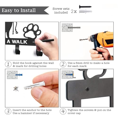 Hunde-Organizer – Organizer für Hundesachen, Leinen-Halterung | Hundehalsband und Leinen-Halterung mit Schrauben, dekorativer schwarzer Hundehaken für die Wand, Motiv: