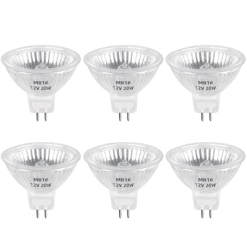 6 Packs MR16 GU5.3 20W Halogen Light Bulbs Bi-Pin Base Gu5.3 12V Halogen, 38° Beam Angle, Warm White 2800K, MR16 12V Bi Pin Bulb 50mm Dimmable for Bathroom, Recessed Lighting