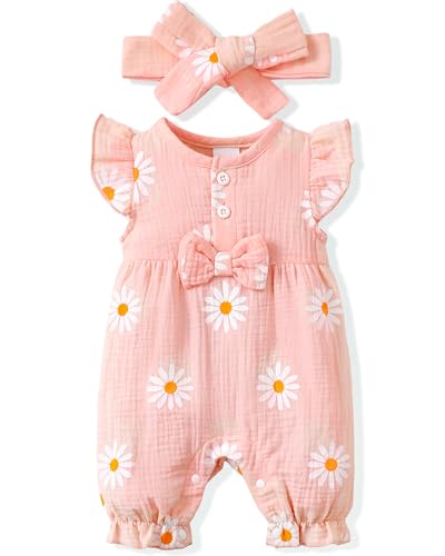 Image of Renotemy Baby Girl Clothes Romper Infant Summer Bodysuit Outfits Cotton Linen Jumpsuits Newborn Essential Preemie Clothes