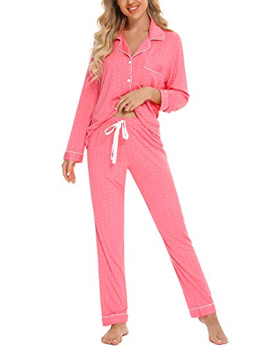Anjue Women's Polka Dot Loungewear Knit Long Sleeve Top With Long Sleepwear Pants Pajama Set(Coral-Polka,L) #TOP2
