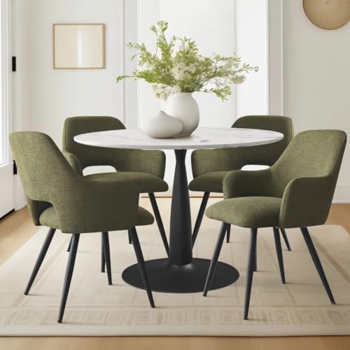 Image of Finch Fox Motel Luxurious Home Collection Upholstery Fabric Arm Dining Room Chairs in Olive Green Color with Black Metal Powder Coated Legs (Set of 4)