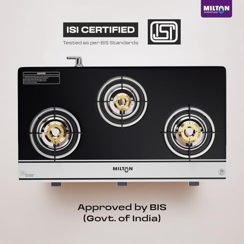 Image of Milton Ignis Pro 3 Burners Auto Ignition Gas Stove | ISI Certified | 6mm Toughened Glass Top | 360 Degree Nozzle | Heavy Pan Support | Pure Brass Burners | 1 Year Manufacturer's Warranty-Black & White