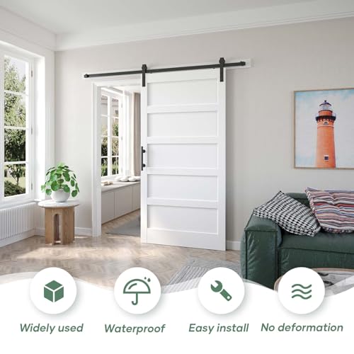 Image of Fredbeck 42x84 inch White Barn Door with 7FT Sliding Door Hardware Kit Included & Handle,MDF,Solid PVC Surface,DIY Assembly,5-Panel,Fit 38in-41in Opening