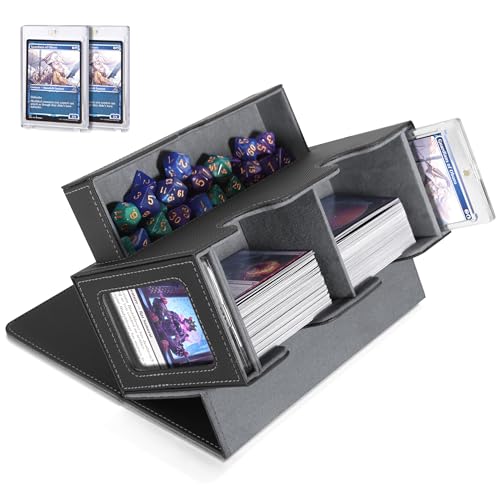 Image of MTG Deck Box, MTG Commander Card Deck Box with Commander Display, Fits 250+ Single Sleeved, Double Card Storage Box with Dice Tray, Magnetic Card Storage Case for CCG TCG Sports Cards, Black Grey