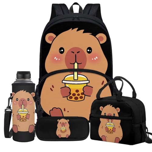 Jeiento Capybara Lover Backpack Kids School Bag Set 4 Piece Unisex Children Backpack with Lunch Bag Pencil Bag Children Crossbody Water Bottle Holder for Sports/Camping/Traveling