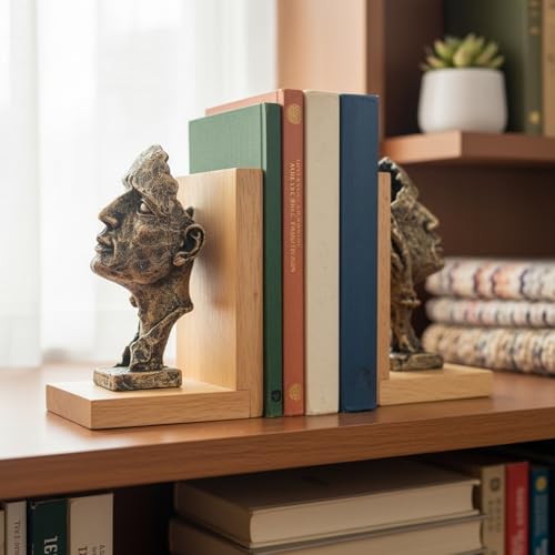 Image of eCraftIndia Wooden Book End with Resin Handmade Human Face with Hand Showpieces for Home Decor Office Table | Gift for Housewarming Birthday