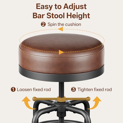 Image of Raynesys 22-29 Inch Adjustable Height Industrial Swivel Bar Stools Set of 2 | Vintage Bar Counter Height Stool with Thicken Premium Bonded Leather Seat & Updated Footrest, Easy Assembly, Brown