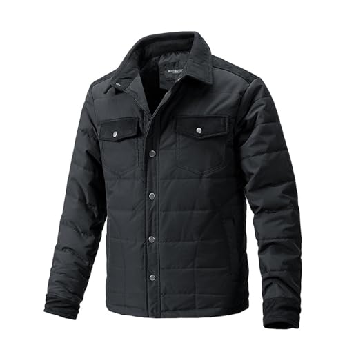 Dinnesis Gepolsterte Winter-Reißverschluss-Stehkragen-Jacke für Herren mit langen Ärmeln, verdickte Retro-Jacke. Gepolsterte Arbeitskleidungsjacke für Herren Fellkragen Herren (Black, XXL)