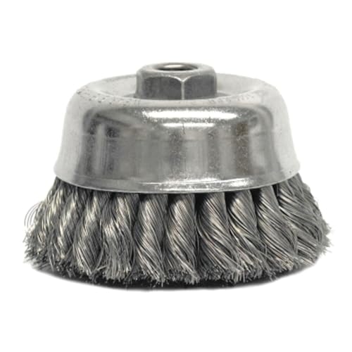 Image of Weiler 4 inch Double Row Knot Wire Cup Brush, .020 inch Steel Fill, 5 /8 inch-11 UNC Nut, Made in USA
