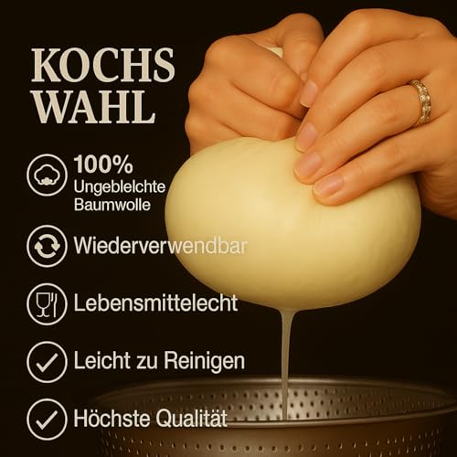 Grade 100+ PACKARDI Passiertuch 3 Stück ca. 50x50 cm je Käsetuch, Cheesecloth Filtertuch Seihtuch 100% ungebleicht, aus reiner Baumwolle, fusselfreie Mulltücher mit vernähten Ecken