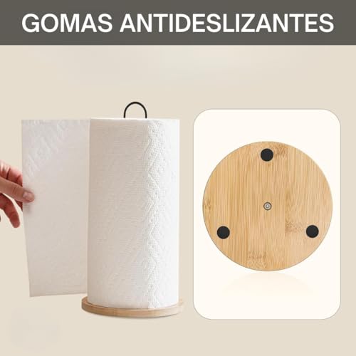 Portarrollos de Cocina bambú y Metal Negro, Estilo nórdico, Portarollos para Papel de Cocina, Soporte para Papel de Cocina, 27 cm x 16 cm de Diametro para Rollo Papel Cocina estandar - imagen 4
