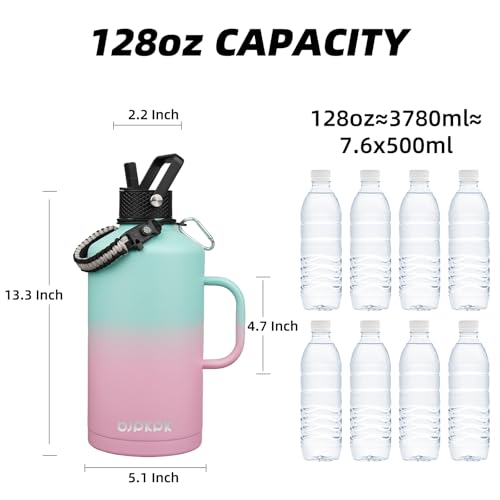 Image of BJPKPK 1 Gallon Water Bottle Insulated with Straw Lid, 128oz Large, Stainless Steel Water Bottles with 3 Lids and Paracord Strap, Double Wall Vacuum Metal Water Jug,Marshmallow