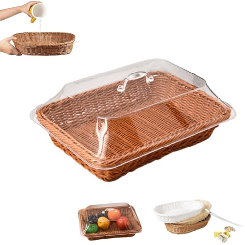 Large Handwoven Rattan-Style Bread Basket with Clear Acrylic Lid, Wicker Basket with Acrylic Lid, Bread Baskets with Lids, Woven Wicker Bread Baskets for Serving, Fruits (A, 13.77*9.84*5.9)