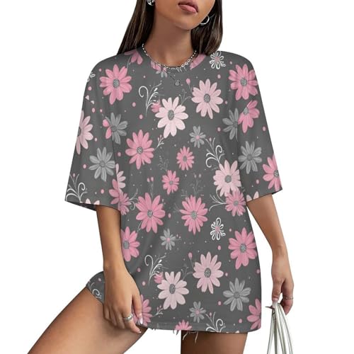 Womens Grey Pink Daisy Pattern Blouse Trendy Elbow Sleeve Classic