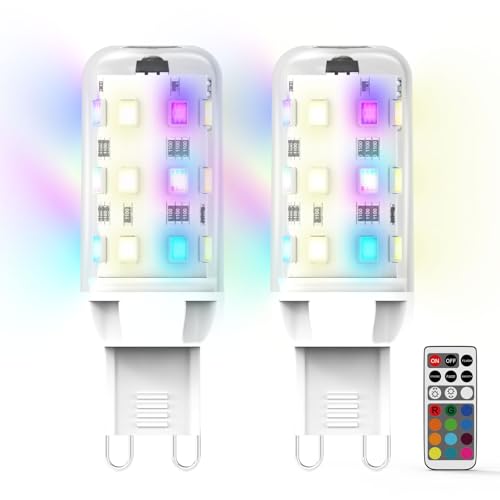 Lampadine LED G9 RGBW, AC 230 V, dimmerabili con telecomando, 4 modalità, 13 colori, luminosità regolabile 1%-100%, telecomando G9, confezione da 2