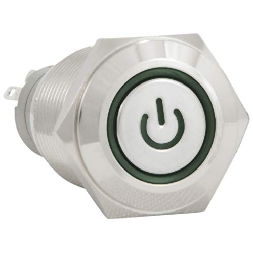 Jacobsparts Latching Maintained Pushbutton On/Off Switch Circular Metal Silver With Green Power Symbol Led Light Fits 5/8" (16Mm) Diameter Panel Cutout Hole #TOP25