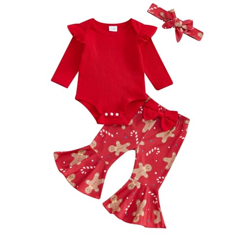 Image of Kaipiclos Newborn Baby Girl Christmas Outfit Solid Color Long Sleeve Romper Cute Print Flare Pants Headband 3PC Fall Clothes