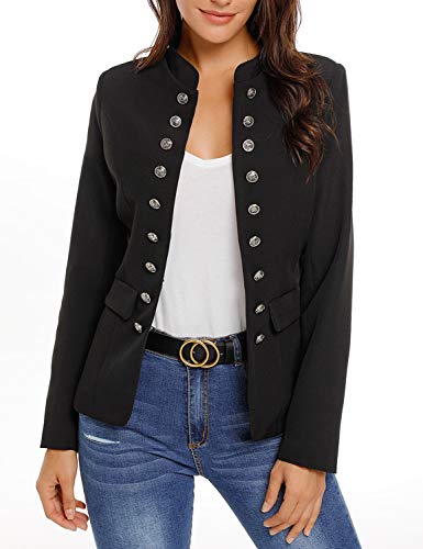 Roskiky Women Casual Solid Jacket Suit Open Front Stand Neck Buttons Work Blazer Black Size Medium (Fits UK 12-UK 14) steampunk buy now online