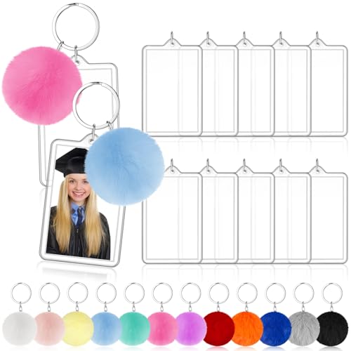 Image of 12 Pack Acrylic Photo Keychains with Colorful Pom Poms, 2 x 3 Inch | Double Sided Acrylic Photo Keychains, Easy DIY for Back to School Students Gifts, Classroom Rewards,, Graduation Keepsakes
