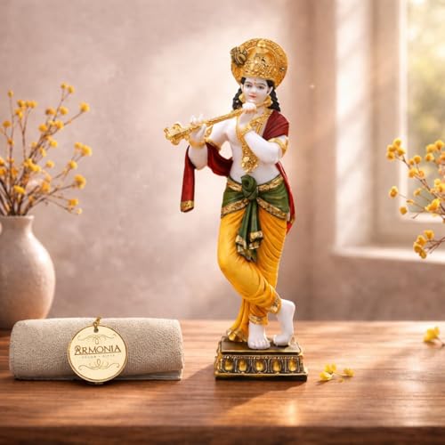 Image of ARMONIA Lord Krishna Idol Marble Dust Statue Murti | Krishana Sculpture for Home Decor, Pooja ghar, Mandir & Gifting Item |Best Gift for Housewarming (30 cm, Multicolor) (Including Microfiber Cloth)