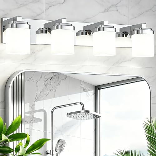 Image of 29 Inches Bathroom Vanity Light, 4-Light Chrome Bathroom Light Fixtures Over Mirror, Bathroom Light Shower Lamp with Milky White Square Glass Shade, Modern Farmhouse Lighting Fixtures