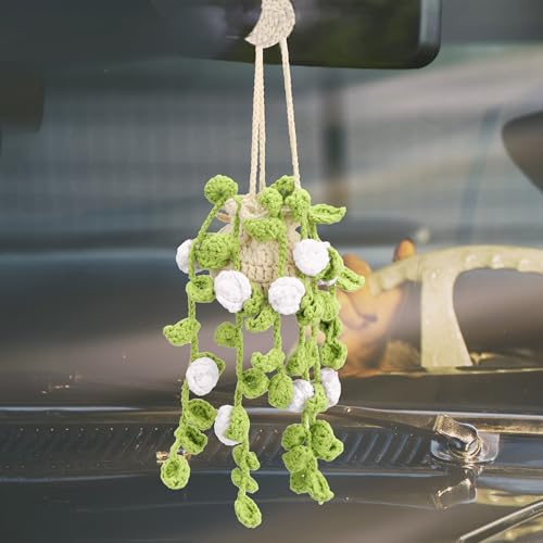 Image of Crochet Car Air Freshener Hanging, Cute Rear View Mirror Accessories Car Fresheners for Women, Handmade Car Hanging Accessories Car Air Freshener Diffuser, White Rose