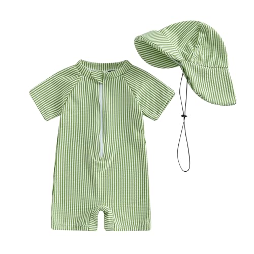 Image of Nibbcoa Toddler Baby Boys Seersucker Short Sleeve One Piece Rash Guard Swimsuit Zipper Bathing Suit Swimwear with Hat