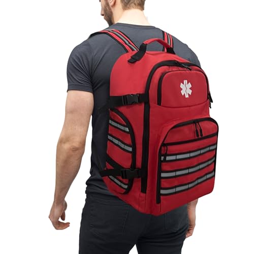 Yabcany Mochila profissional de emergência médica, mochila de primeiros socorros para trauma vazia, com faixa refletiva e parte inferior antiderrapante, para acampamento, caminhada, viagem (vermelha
