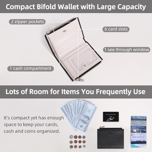 VISOUL Small Wallet for Women Genuine Leather, Compact Bifold Card Holder Wallet RFID Blocking with Zipper Coin Pocket (Black and Ivory)2