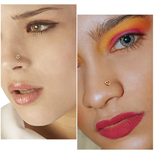 Meiighting 14K Gold Nose Rings 20G Star Nose Stud L Shaped Heart Nose Piercing Jewelry For Women Men Real Gold Body Piercing Jewelry Woman #TOP4