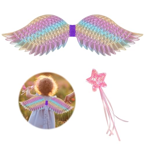 Ali dell'angelo per ragazze di 3-7 anni: bella bacchetta della stella è 35cm / 13.7inch di lunghezza. Le belle ali angolari dimensioni: 58 * 17.5cm / 22.8 * 6.8inch e le belle ali fata angelo sono progettate con spalline elastiche, facili e convenienti per i bambini da prendere e decollare. Questo dolce costume angelo set è perfetto per ragazze di 3-7 anni.