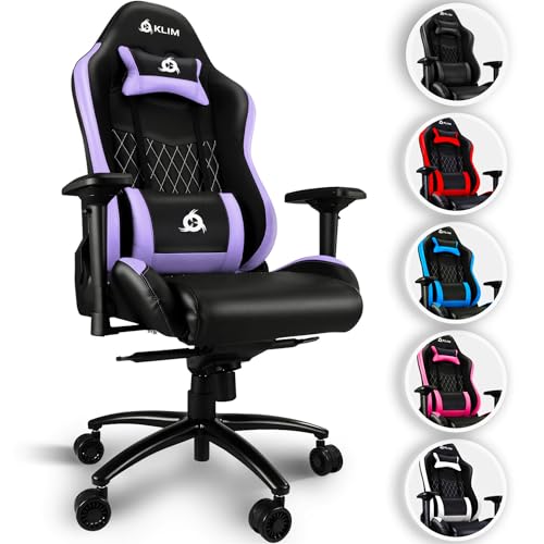 eSports - Sedia gaming Viola di Alta Qualità + Supporto Lombare e Cervicale + Reclinabile + Poltrona Gaming Ergonomica e Regolabile + Pelle Sintetica e Materiali Premium [NUOVA VERSIONE]