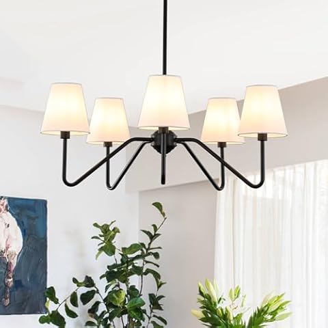 9MMML 30.5" 5 Arms Black Chandelier, 5 Lights Kitchen Island Lighting with White Fabric Shade,Dining Room Light Fixture for Hallway Entryway Foyer Living Room，E12. Cover