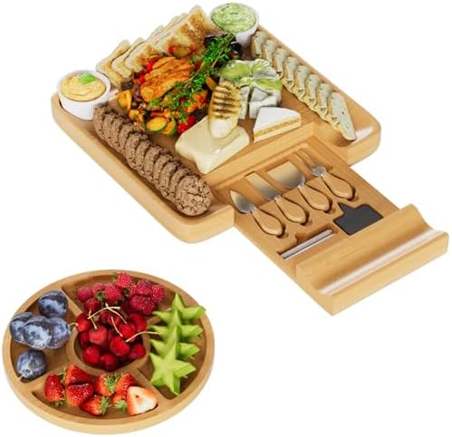 Charcuterie Boards Gift Set, Charcuterie Board, Charcuterie/Cheese Boards and Knife Set, Bamboo Wine Meat Cheese Tray Platter, O