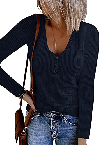 Saodimallsu Damen Henley Langarmhemden V-Ausschnitt Button-Down Casual schlichtes T-Shirt Tops Bluse T-Shirt Navy Cover