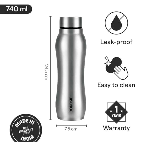 Image of Borosil 740 ml Hydra Chillmate Stainless Steel Water Bottle | ISI Certified, Made in India | Single Wall, Leakproof| Bottle for Office, School, College & Gym | 1 Year Warranty | Silver