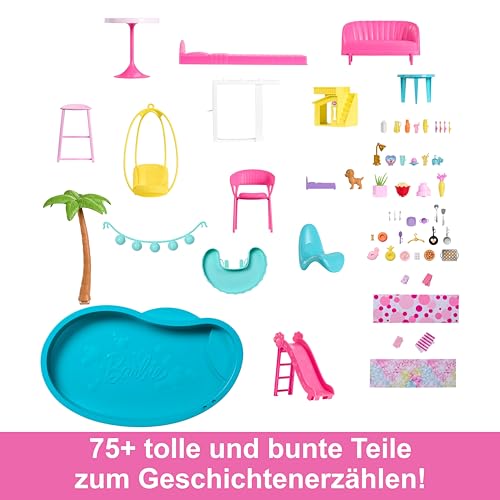 Barbie Traumvilla, 3-stöckiges Barbie-Haus mit 10 Spielbereichen inklusive Pool, Rutsche, Aufzug, 75 Puppen-Accessoires, Spielzeug-Welpe, Spielzeug für Kinder ab 3 Jahre, HMX10