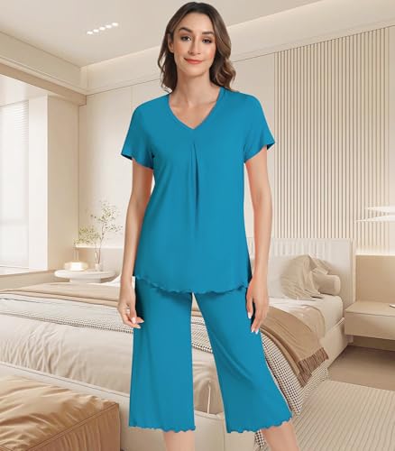 Image of NACHILA Women's Pajama Sets Cooling Bamboo Viscose V-Neck Top & Capri Pants