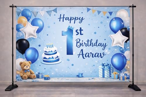 Image of Blue 1st Birthday Backdrop Banner for Boys | Birthday Party Decoration | Personalized blue 1st birthday backdrop with premium print for memorable party photos