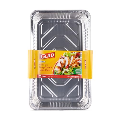 Image of Glad Disposable Full Size Aluminum Steam Pans, Deep Heavy Duty Foil Pans for Steaming, Baking, Roasting, Catering & Oven Reheating, Fits 2 Half Pans, 20.5 x 12.5 x 2.75 Inch, 2 Count