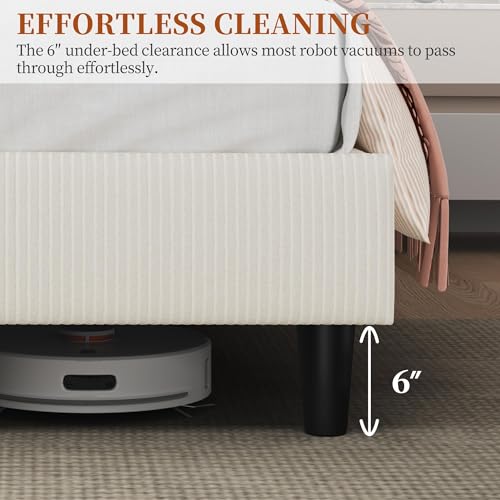 Image of Yaheetech Queen Bed Frames with Adjustable Headboard, Chenille Fabric Upholstered Headboard /Platform Bed, Queen Size Bed Frame No Box Spring Needed /Wood Slats Support /Easy Assembly /Beige