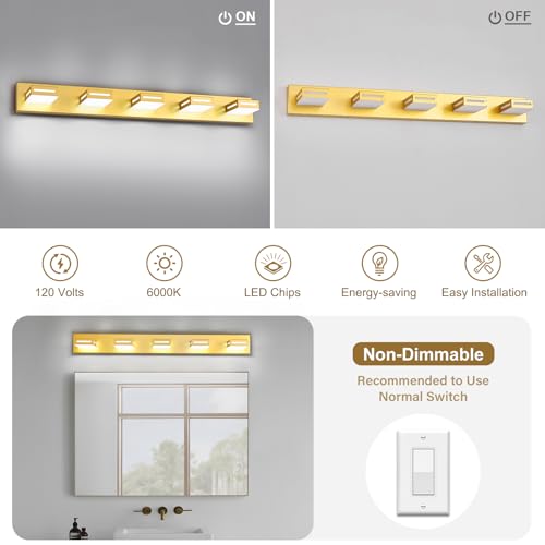 Image of LED Modern Bathroom Light Fixtures, 5-Light 40-Inch Gold Vanity Lights for Bathroom Lighting Fixtures Over Mirror, 6000K Cool White 350 Rotatable Wall Lamp
